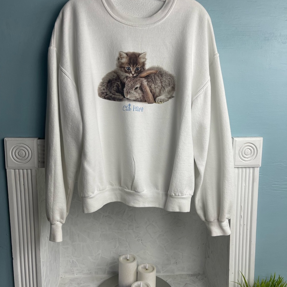 Cozy White Cat and Bunny Print Sweatshirt
